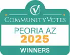 A green and white badge displays "CommunityVotes Peoria AZ 2025 Winners" with a checkmark logo at the top and gold stars on either side.
