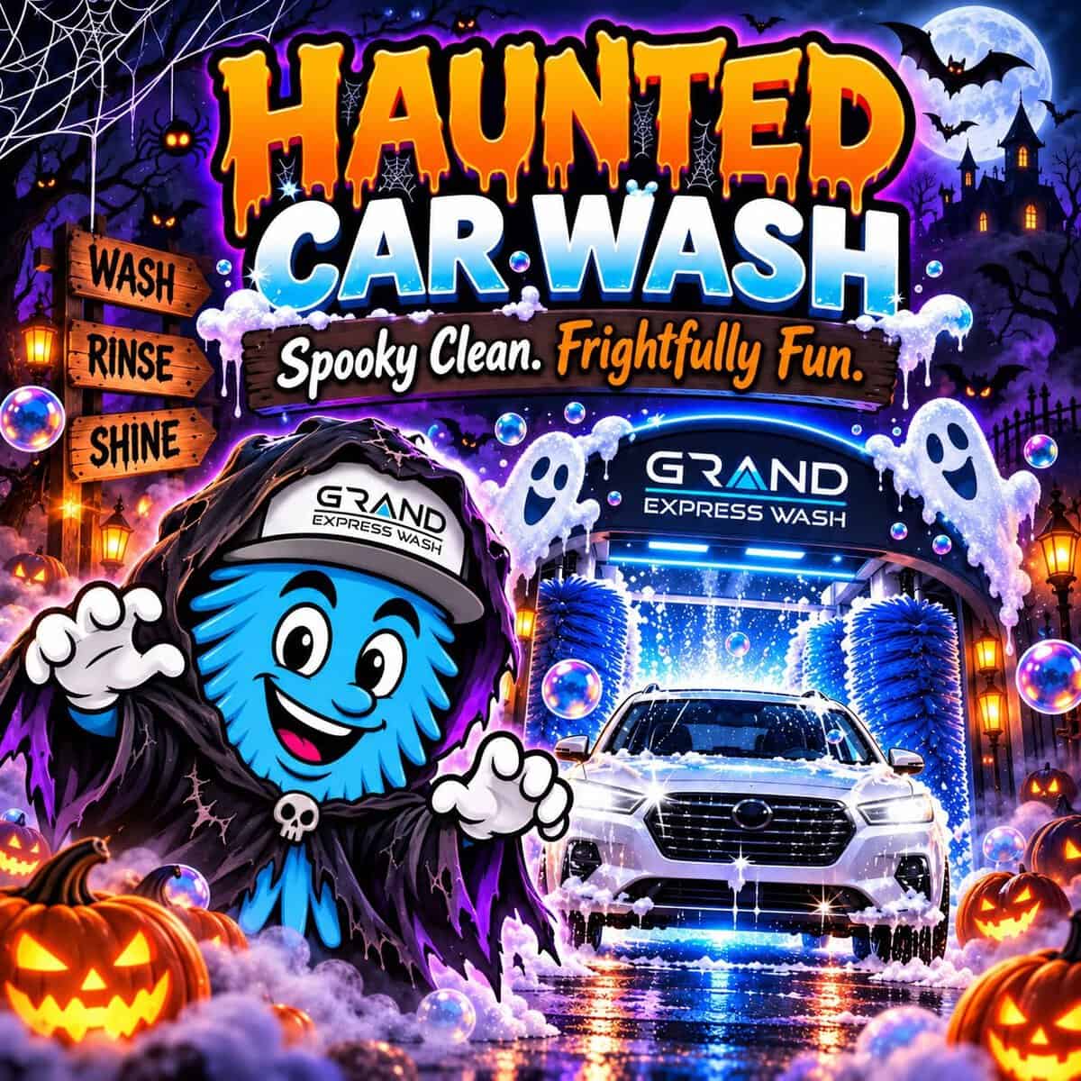 A cartoon blue monster in a grim reaper robe watches a white car enter the Grand Express haunted car wash, accompanied by text reading “Haunted Car Wash: Spooky Clean. Frightfully Fun.”